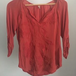 Anthropology TINY coral red embroidered blouse